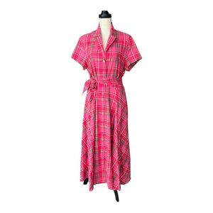 J. Peterman 1947 Pink Plaid Button-Front Shirtdress Vintage-Inspired Maxi Dress